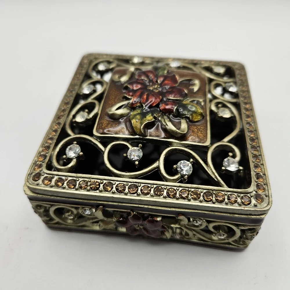 Ornate Square Enamel Floral Filigree Trinket Box with Rhinestone Accents 3